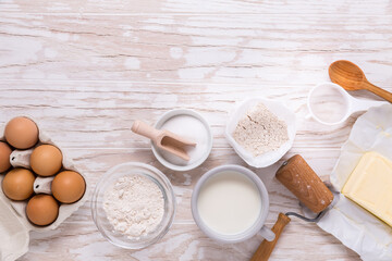 Assorted baking ingredients and kitchen utensils for cooking and baking