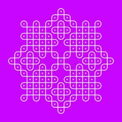 Rangoli or muggu or kolam is an art form originating in the Indian subcontinent. Patterns are created on the floor or the ground using materials such as limestone powder, rice powder or flower petals.