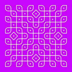 Rangoli or muggu or kolam is an art form originating in the Indian subcontinent. Patterns are created on the floor or the ground using materials such as limestone powder, rice powder or flower petals.