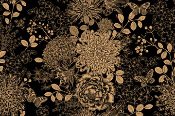 Nahtloses Muster der Weinlese. Blumen, Beeren und Blätter. Goldfolie auf schwarzem Hintergrund. Vektor. © marinavorona