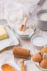 Assorted baking ingredients and kitchen utensils for cooking and baking
