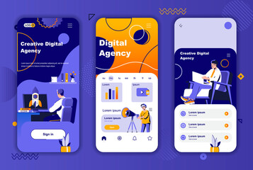 Digital agency unique design for social networks stories. Product branding, startup project launch mobile screen templates for app. UI UX layouts vector illustration. GUI set with people characters.