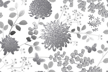 Seamless pattern. Flowers, berries and leaves. White and silver. Vector. Vintage