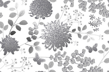 Nahtloses Muster. Blumen, Beeren und Blätter. Weiß und Silber. Vektor. Jahrgang © marinavorona