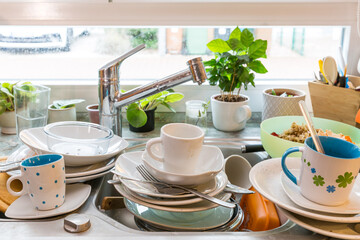 Messy kitchen counter with pile of dirty dishes in sink - Compulsive Hoarding Syndrome