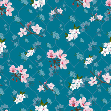 Cherry blossom flowers seamless pattern on blue