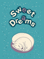 Vector illustration with sleeping squirrel and wishing Sweet dreams. Handmade lettering