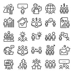 Meeting line icons. Conference, seminar, classroom. Team, work and business idea icons. Discussion, classroom job, people management. Presentation, office meeting, consultation. Line icon set. Vector