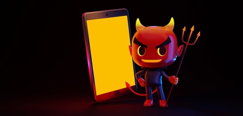 3D rendering illustration concept of Devil character holding a devil pitchfork standing next to a glowing screen smartphone 