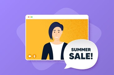 Summer Sale. Video conference online call. Special offer price sign. Advertising Discounts symbol. Woman character on web screen. Summer sale speech bubble. Video chat screen. Vector