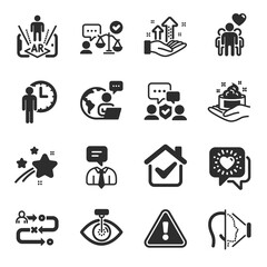Set of People icons, such as Eye laser, Waiting, Friendship symbols. Security agency, Journey path, Augmented reality signs. Friends chat, Face id, Support service. Lawyer, Analysis graph. Vector