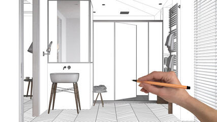 Naklejka na ściany i meble Empty white interior with with herringbone parquet, white walls, hand drawing custom architecture design, black ink sketch, blueprint showing minimalist bathroom with shower and sink