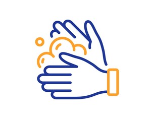 Obraz premium Wash hands line icon. Covid hygiene sign. Clean washing symbol. Quality design element. Line style wash hands icon. Editable stroke. Vector