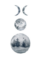 Watercolor moon phases boho illustration isolated on white background