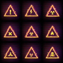 Hazard warning vector signs with digital glitch and pixel noise effect. Danger caution or safety attention yellow triangles with high voltage, flammable, toxic, biohazard, radioactive, chemical hazard