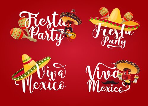 Viva Mexico and Mexican fiesta party vector icons. Red chilli pepper cartoon characters with sombrero hats, maracas and mariachi guitar, moustaches and jalapenos, Mexican holiday greeting card design