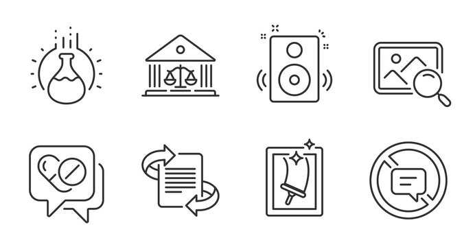 Search photo, Speakers and Marketing line icons set. Stop talking, Chemistry experiment and Court building signs. Medical drugs, Window cleaning symbols. Find image, Sound, Article. Vector