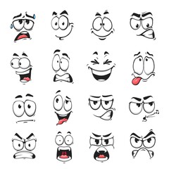 Face expression isolated vector icons, funny cartoon emoji sweating, whistle and yelling, angry, happy or laughing or sad. Facial feelings, emoticons grit teeth, show tongue. Cute face expressions set