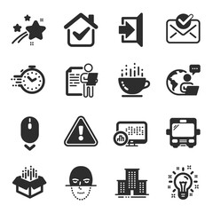 Set of Business icons, such as Job interview, Open box, Face recognition symbols. Coffee cup, Idea, Report statistics signs. Scroll down, Bus, University campus. Exit, Approved mail, Timer. Vector