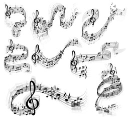 Music notes vector set with swirls and waves of musical staff or stave, treble and bass clefs, sharp and flat tones, rest symbols and bar lines. Sheet music design with musical notation symbols