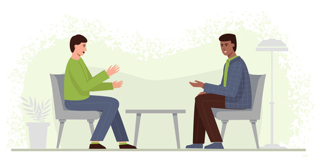 Consultation with a psychologist. Two men in chairs communicate and share their problems. Session with a coach. Support during the depression.