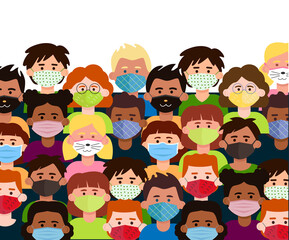 A crowd of masked children. Multiethnic group of cute young people isolated on a white background. Vector cartoon illustration.