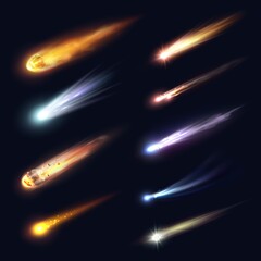 Space meteors, comets and asteroids with fire trails realistic vector design. 3d meteorite fireball and star space objects falling down with glowing gas and dust tails, galaxy and astronomy science - obrazy, fototapety, plakaty