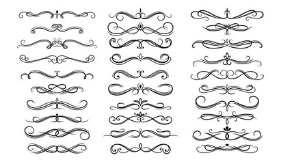 Dividers, borders and frame lines vector set with floral ornaments, victorian flourishes. Divider borders with ornate flowers, vintage vignette scrolls, swirls and fleur de lis calligraphy decorations © Vector Tradition