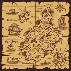 Pirate treasure map old scroll vector sketch of islands in ocean, pirate ships, nautical compasses and anchors. Treasure islands with skulls, chest, mountains and palms, parchment map of sea adventure
