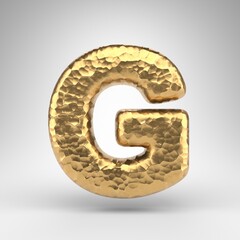 Letter G uppercase on white background. Hammered brass 3D letter with shiny metallic texture.