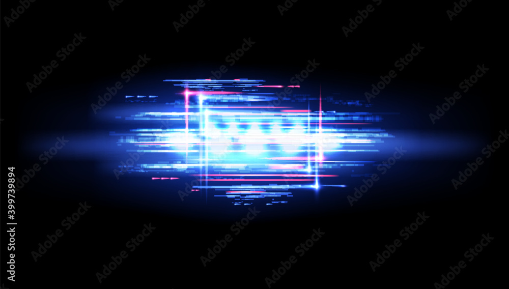 Poster Neon glitch flare and digital noise vector background with blue and pink lights pixel mosaic. TV or computer screen with futuristic shapes and glowing lines pattern of television no signal effects