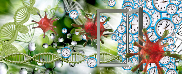3d- image of stylized sars-сov-2 with an inscription on the background of an abstract image of dna, stylized watches, medical equipment