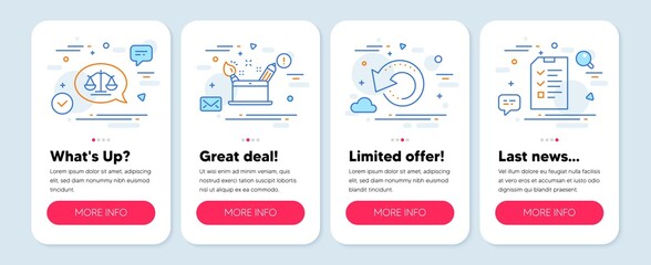 Set of Education icons, such as Justice scales, Creativity concept, Recovery data symbols. Mobile screen mockup banners. Interview line icons. Judgement bubble, Graphic art, Backup info. Vector