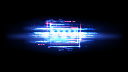 Neon glitch flare and digital noise vector background with blue and pink lights pixel mosaic. TV or computer screen with futuristic shapes and glowing lines pattern of television no signal effects