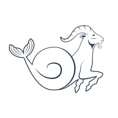 Black zodiac sign Capricorn depicting a goat with huge horn and fish tail. Side view. Illustration of an astrology sign. Vector flat design icon of a Mountain goat