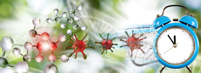 3d- image of stylized sars-сov-2 with an inscription on the background of an abstract image of dna, stylized watches, medical equipment