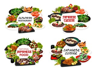 Japan food vector round banners vegetable rolls, buckwheat soba noodles and daikon stew with pork. Salmon, lacered soup seasoned with bard, stewed pumpkin with meat and onion, Japanese meals frames