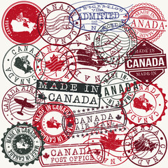 Canada Set of Stamps Map. Travel Passport Stamp. Made In Product. Design Seals Old Style Insignia. Icon Clip Art Vector.