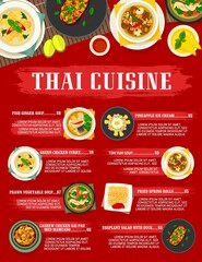 Thai cuisine vector cashew chicken gai pad med mamuang, fried spring rolls and, fish ginger or prawn vegetable soup with pineapple ice cream. Tom yum soup, eggplant salad with duck Thailand food meals