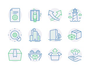 Industrial icons set. Included icon as Lighthouse, Buildings, Technical documentation signs. Send box, Package box, Elevator symbols. Skyscraper buildings, Intersection arrows, Innovation. Vector