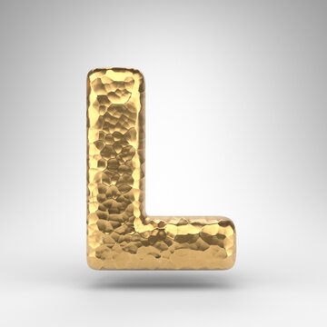 Letter L uppercase on white background. Hammered brass 3D letter with shiny metallic texture.