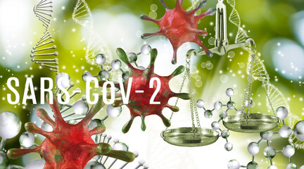 3d- image of stylized sars-сov-2 with an inscription on the background of an abstract image of dna, stylized watches, medical equipment
