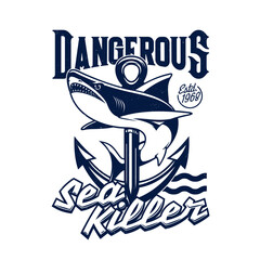 Shark and sea ship anchor t-shirt print mockup, vector fishing sport. Ocean predatory animal with blue waves and sailing boat nautical anchor badge, custom apparel template of fisher club