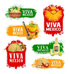 Mexican holiday food and drink vector icons of Viva Mexico fiesta party. Mariachi maracas, guitar and red chilli pepper, taco, nacho and quesadilla with guacamole isolated emblems design