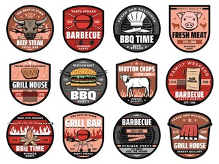 Barbecue party, grill bar and picnic hamburgers vector icons of charcoal fire flame. BBQ cheeseburger, sausage and meat steak of pork, mutton and beef, barbecue summer party and grill house restaurant