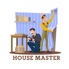 House repair master. Home renovation service worker in uniform, using electric drill and assembling furniture, handyman or master in overalls and paper hat wallpapering apartment room wall vector