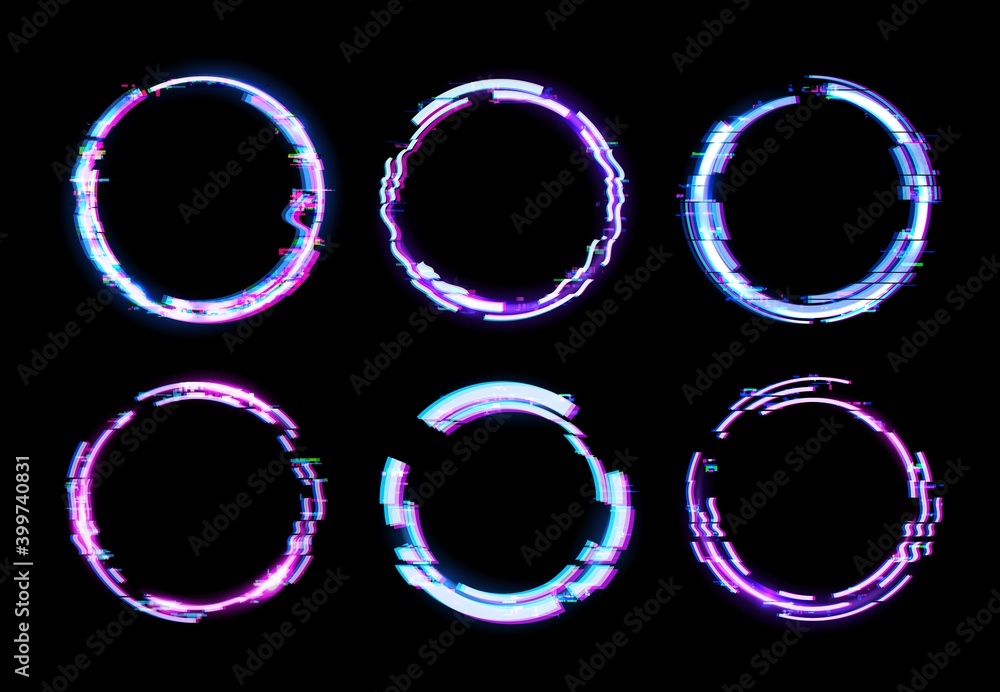 Poster glitch circle vector frames with neon light borders and digital pixel noise effects on dark tv scree