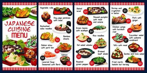 Fototapeta premium Japan food vector menu vegetable rolls, buckwheat soba noodles and salmon, bamboo shoots. Lacered soup with bard, tofu with meat, gombo and tuna salad, fried marlin kadziki but karaag Japanese meals