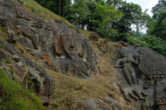 Sculptures carved into the rock at the archaeological site of Unakoti in the state of Tripura. India.
