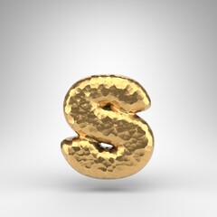 Letter S lowercase on white background. Hammered brass 3D letter with shiny metallic texture.